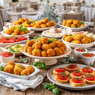 Montanare, crocchè e bruschette al pomodoro disposti su un tavolo da buffet