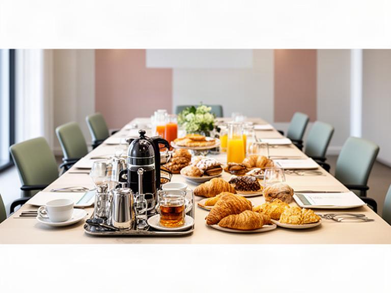 Sala riunioni aziendale a Caserta con tavolo apparecchiato per coffee break, caffetteria e pasticceria