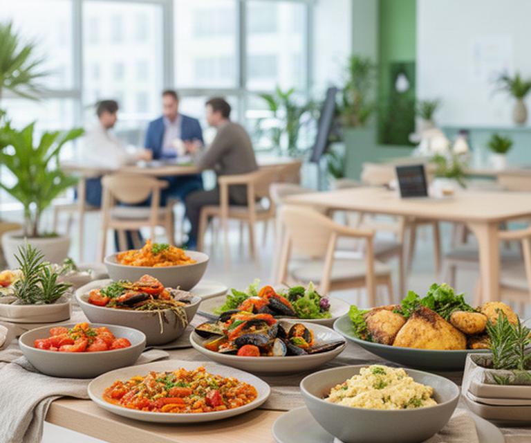 Buffet con piatti campani allestito in un luminoso spazio di coworking