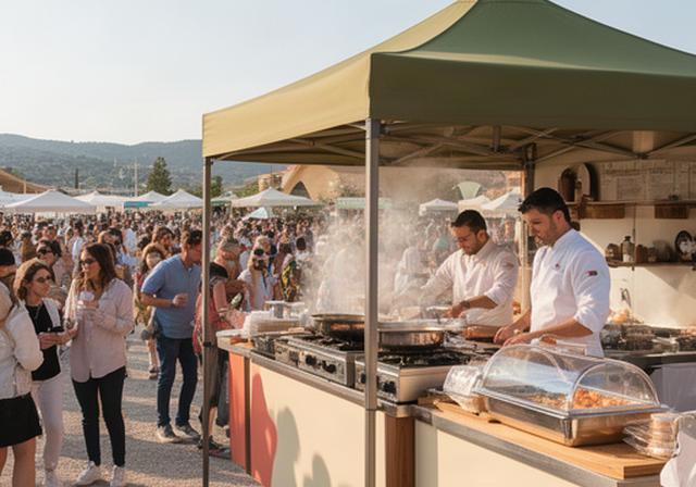 Punto ristoro con gazebo e personale al lavoro durante un festival all aperto in Campania