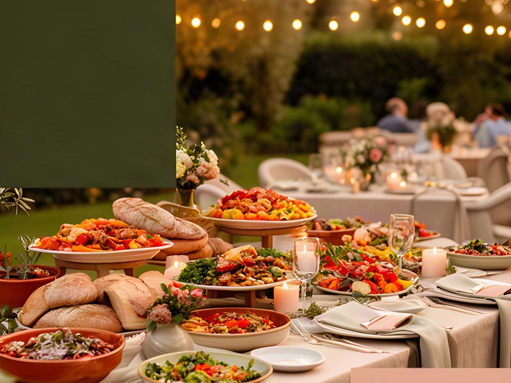 Buffet all’aperto in un giardino di Casaluce con luci calde, piatti campani e tavoli decorati