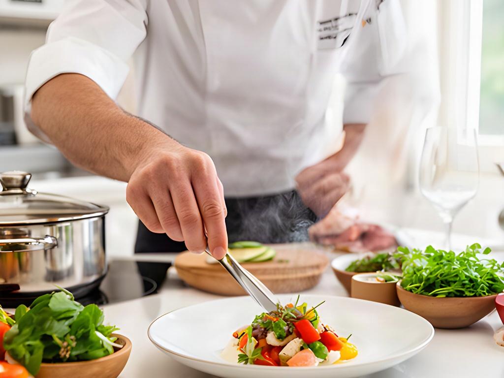 Chef che impiatta una cena gourmet nella cucina luminosa di una casa privata vicino Casaluce