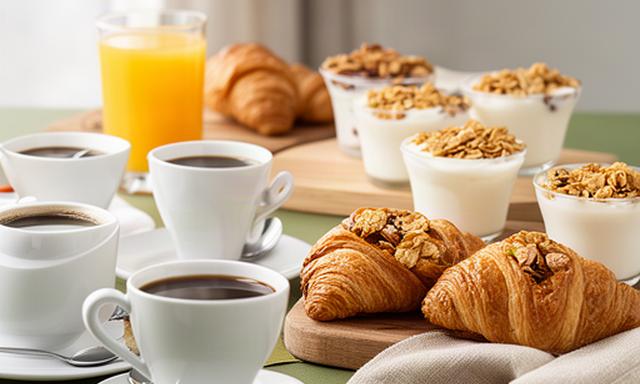 Servizio coffee break Business con tazze di caffè, spremuta, cornetti farciti e yogurt con cereali