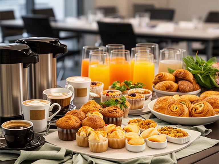 Tavolo allestito con caffetteria, succhi freschi, muffin e piccoli assaggi salati durante un incontro professionale