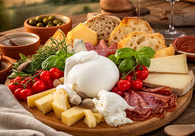 Tagliere con mozzarella di bufala, pomodorini e prodotti campani su un tavolo rustico