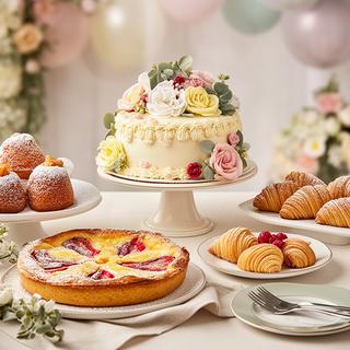 Torta decorata per una cerimonia accanto a pastiera, babà e sfogliatelle napoletane