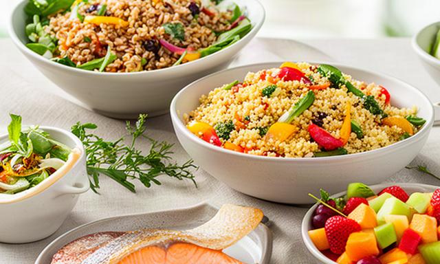 Light lunch Garden con insalata di farro, cous cous alle verdure, filetto di salmone e macedonia