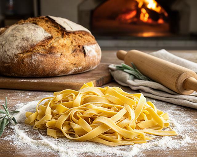 Pasta fresca fatta in casa e pane cotto a legna su un banco di lavoro