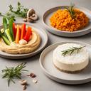 Hummus di ceci con verdure croccanti accanto a risotto alla zucca e dessert al cocco
