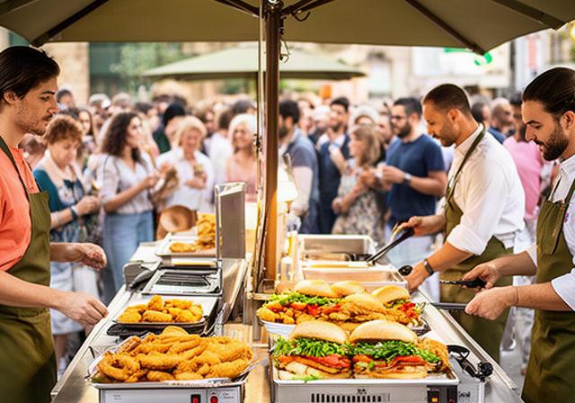Banco street food con gazebo, attrezzature professionali e piatti campani durante un evento affollato