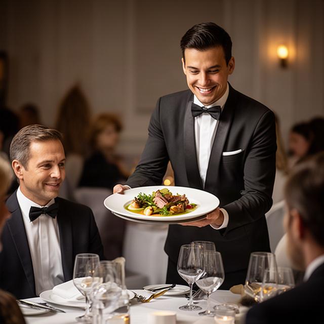 Cameriere professionista che serve una portata durante un ricevimento elegante