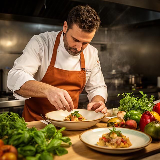 Chef executive che prepara piatti campani in una cucina professionale