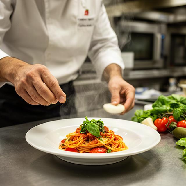 Chef che prepara un piatto campano in una cucina professionale