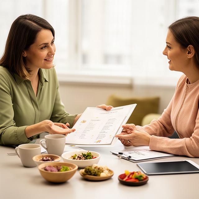 Consulente che studia un menu personalizzato insieme a un cliente