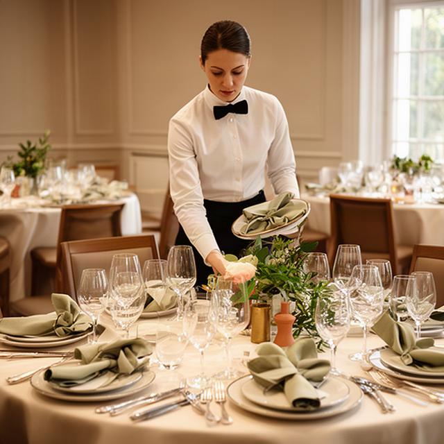 Professionista di sala che prepara una tavola per un ricevimento elegante